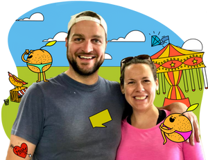 Image of Bryan Druhan and Louise Brennan with cartoon mascots (tangerine, flying circus, heart tattoo) around them.