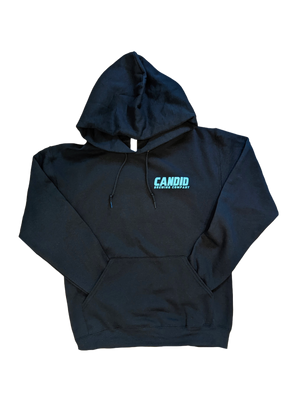 Front of the black hoodie showing a simplified Candid logo in blue text over the left breast.