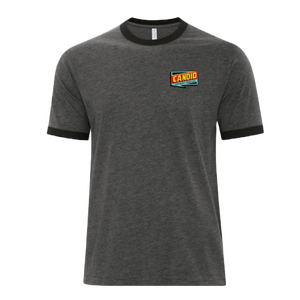 A grey tshirt with the Candid logo over the left breast.
