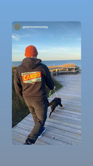 Person walking dog on a beach boardwalk wearing Candid's Soft and Cozy Hoodie.