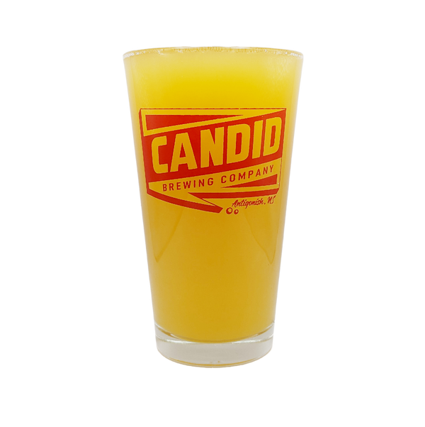 A pint of Electro Lite beer in a Candid branded pint glass. 