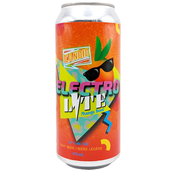 A can of Electro Lite Beer. The can is mainly orange with a mango wearing 80's style sunglasses. You get out what you put in. Brewed with real mango juice and a touch of sea salt, Electro Lite’s shockingly good balance of tart and refreshing is sure to electrify your taste generation station. Refresh. Replenish. Repeat.  Flavours: Fruity, tart  Pairs well with: Thai curry, Blueberry almond salad  473 mL, 4.0% ABV.  INGREDIENTS: WATER, BARLEY, WHEAT, MANGO JUICE, HOPS