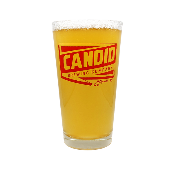 Pint of Candid's Glory Days beer in a Candid branded pint glass. 