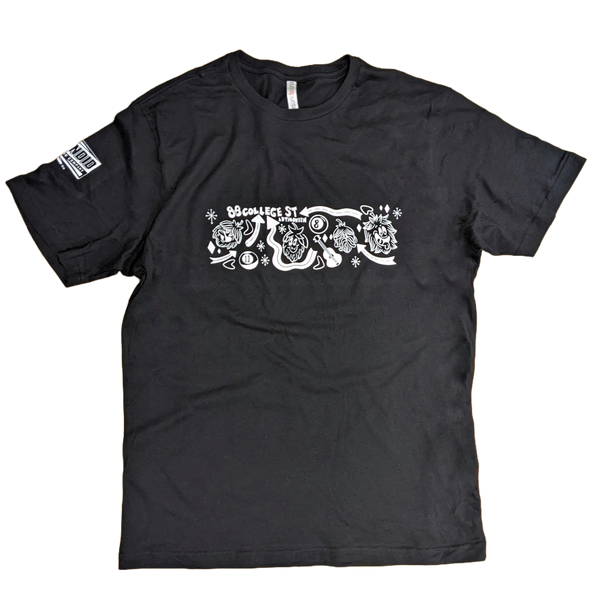 black t-shirt short sleeve with white ink showing cartoon hops and arrows pointing to the words '88 College St. Antigonish'