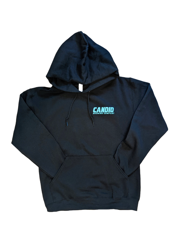 Front of the black hoodie showing a simplified Candid logo in blue text over the left breast.