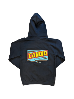 A black hoodie with the Candid Brewing Company logo across the back and a simplified logo along the left breast. 