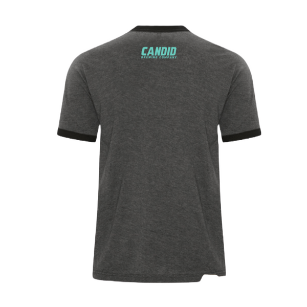 Back of the ringer tee showing the "Candid Brewing Company" under the neck in blue.