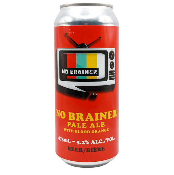 A can of Candid's No Brainer Pale Ale. Image shows a red can with a call out box in the shape of a vintage television. Beer is the answer. What was the question? Pouring deep gold with a fluffly white head, No Brainer is our finest American Pale Ale infused with natural blood orange juice to deliver the perfect refreshment every time. Kick back, relax, and enjoy a little time on autopilot.   Flavours: Tart, fruity  Pairs well with: Seafood  473 mL. 5.2% ABV.